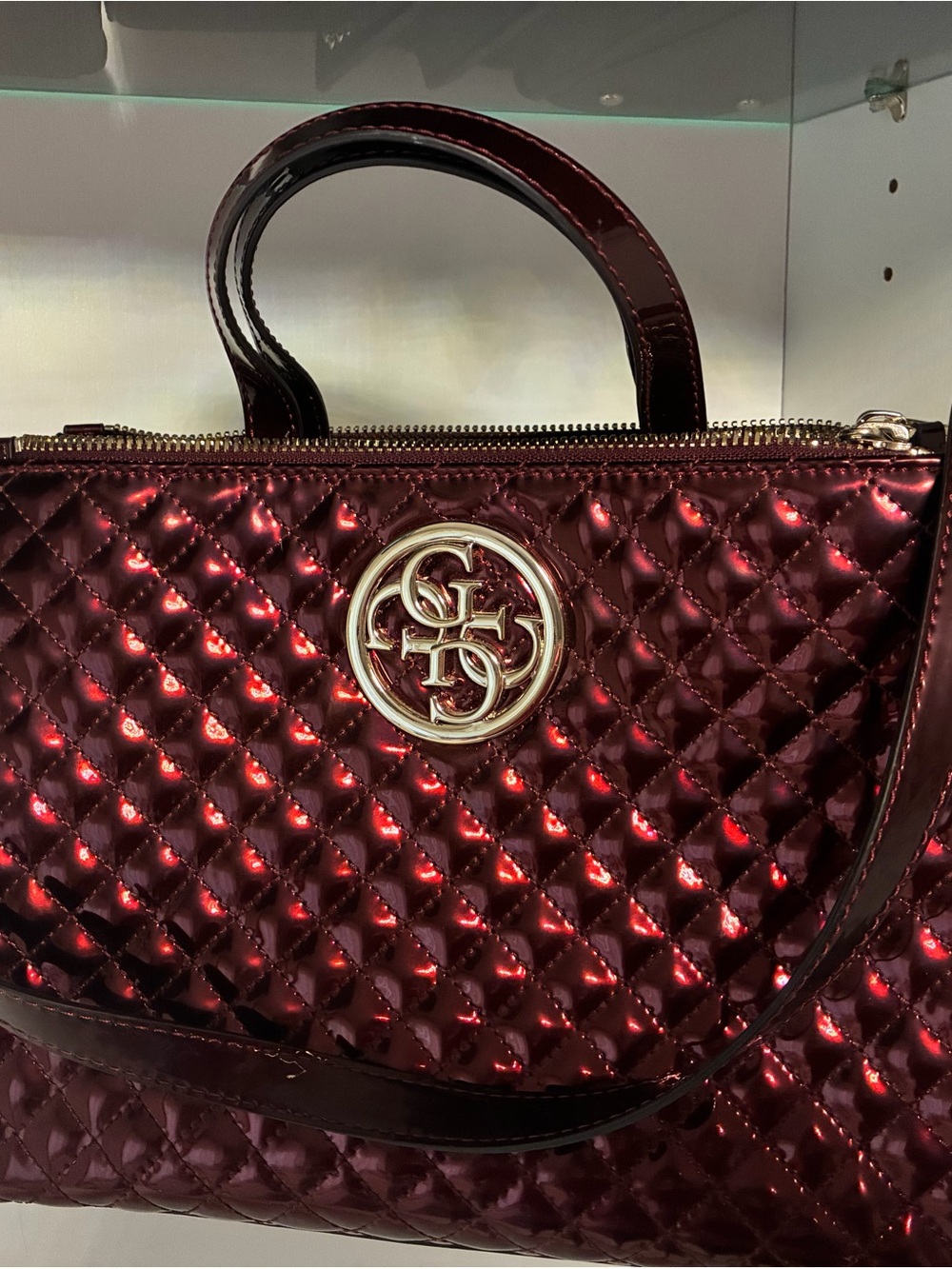 Guess Quilted Metallic Deep Wine Tote with Logo Medallion